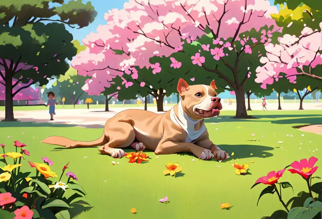 A heartwarming image of a pit bull happily playing with children in a park, wearing colorful bandanas and surrounded by blooming flowers..