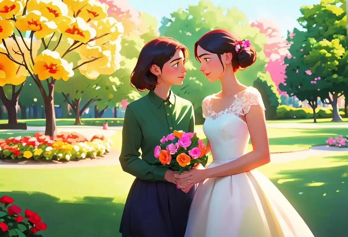 Two people holding hands, one person is giving the other a bouquet of flowers. They are dressed in casual attire and standing in a park surrounded by colorful flowers..