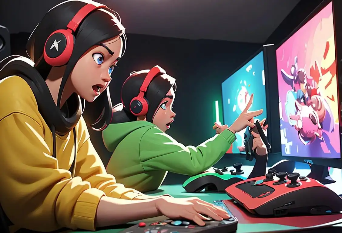 Excited gamers of diverse ages and backgrounds, wearing gamer-themed clothing, playing a variety of video games in a vibrant virtual world..