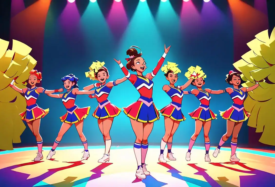 A group of energetic individuals showcasing their cheer and dance moves, wearing colorful uniforms, with a vibrant stadium setting..