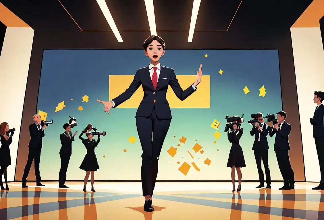 Young person in professional attire, confidently stepping forward, with a diverse group cheering them on in the background, various career-related symbols in the scene..