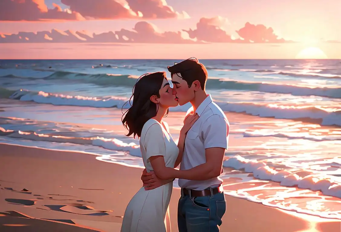 Young couple sharing a tender, romantic kiss on a scenic beach at sunset. Both dressed in casual summer outfits, with a vibrant beachfront cityscape in the background..