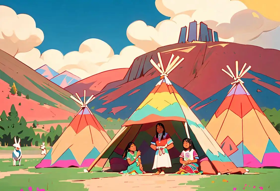 Cheerful young adults in colorful Navajo clothing enjoying a scenic outdoor setting with tipis in the background..