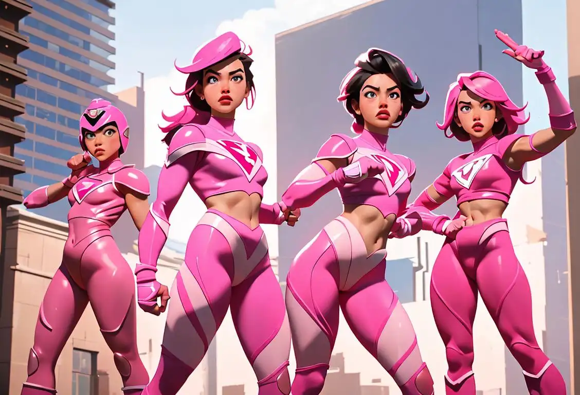 A group of diverse individuals dressed in pink Power Ranger outfits, striking heroic poses in a city setting, displaying strength and camaraderie..