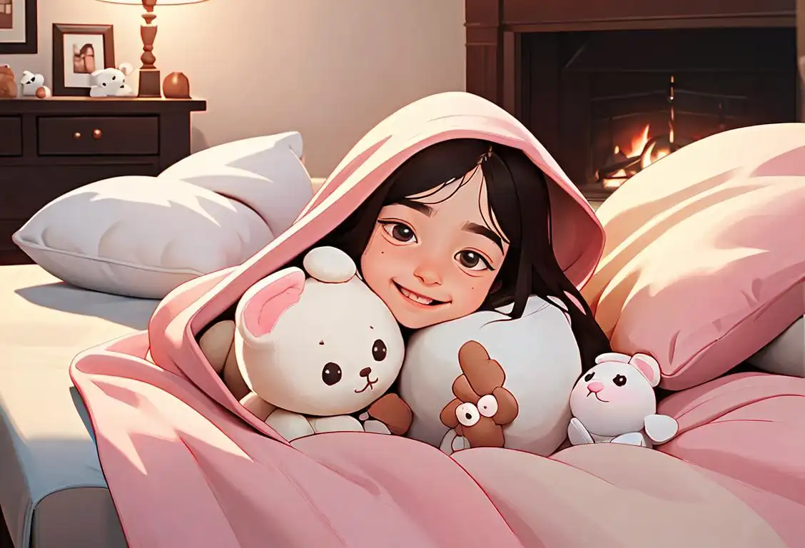 Cozy up with a hot cocoa, a happy child enjoying their favorite blanket, surrounded by pillows and stuffed animals in a warm living room..