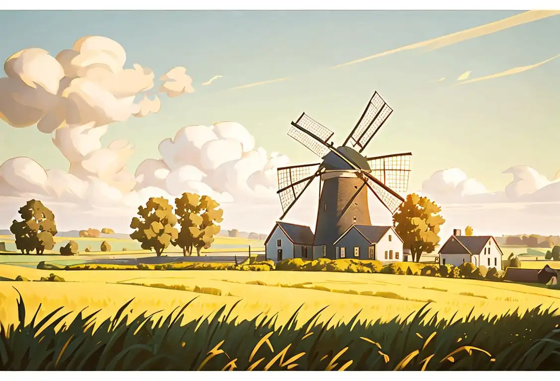 A serene countryside landscape with a charming windmill, surrounded by lush golden fields, evoking the nostalgia of National Mill Day..