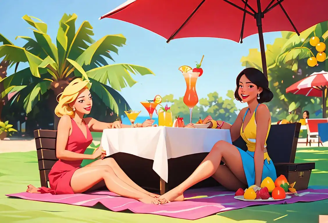 A cheerful group of diverse people enjoying a vibrant fruit cocktail together, dressed casually in summer attire, in an outdoor picnic setting..
