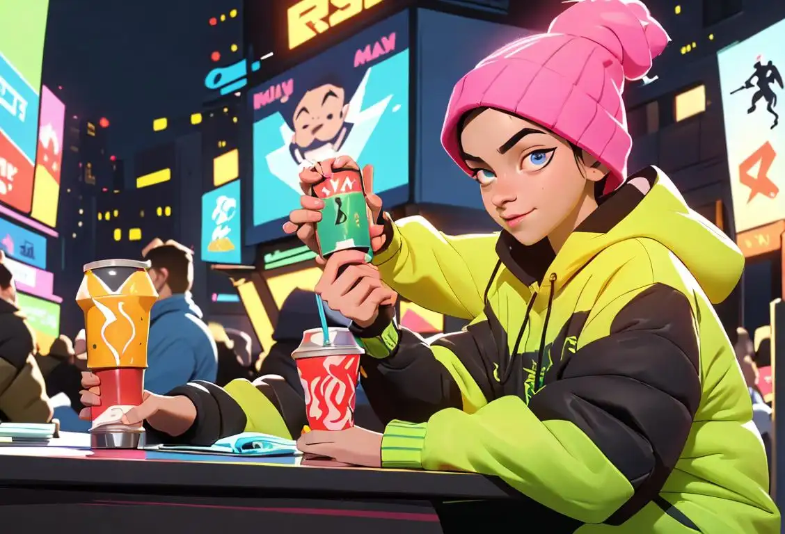 A young person enjoying an energy drink, wearing a sporty outfit, surrounded by a bustling city scene with people engaged in various activities like studying, working out, and checking off their to-do list..