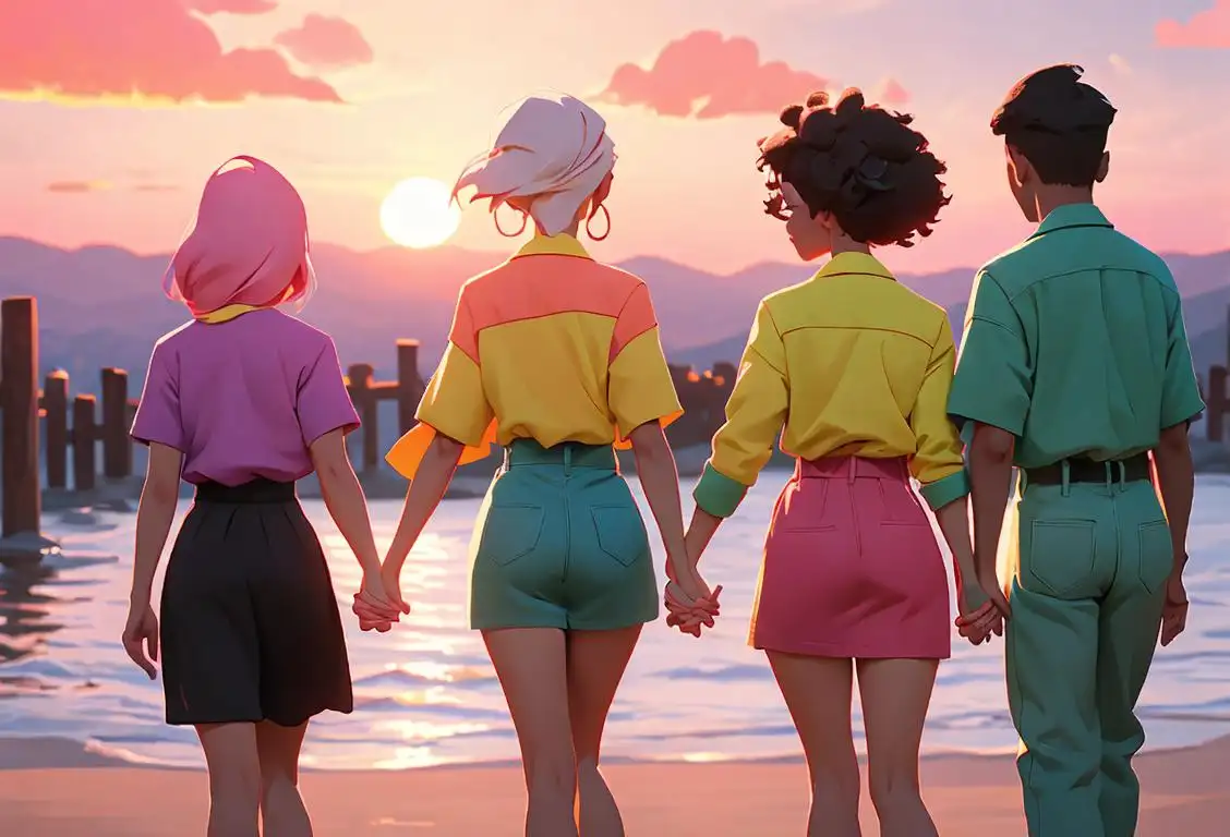 A diverse group of people, holding hands, wearing colorful clothing, with a beautiful sunset in the background..