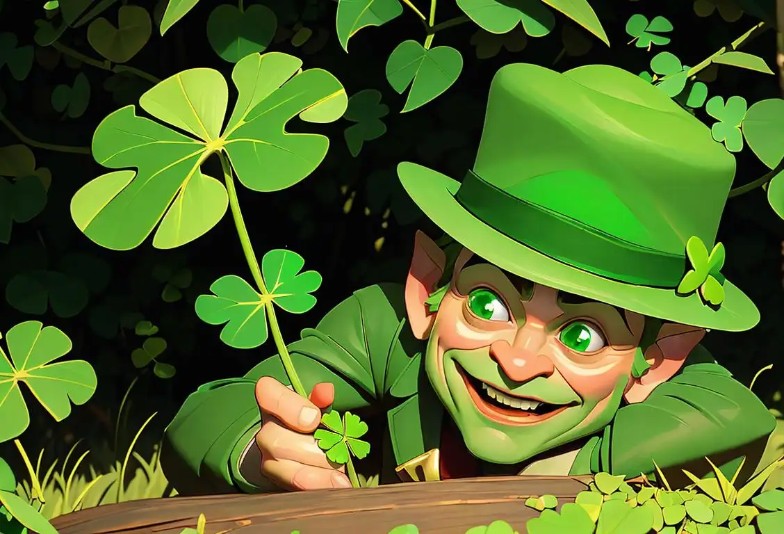 Mischievous leprechaun holding a four-leaf clover, wearing a green hat, whimsical Irish countryside setting.