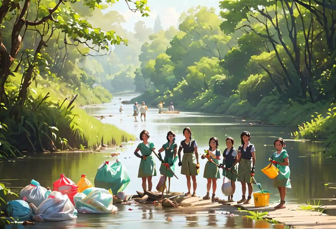 Group of diverse individuals wearing gloves and holding trash bags, standing near a beautiful river surrounded by lush greenery..