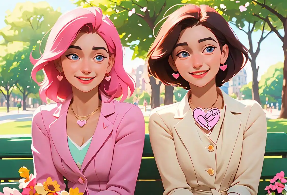 Two best friends sitting on a park bench, wearing matching heart-shaped lockets, surrounded by blooming flowers and happy, sunny atmosphere..