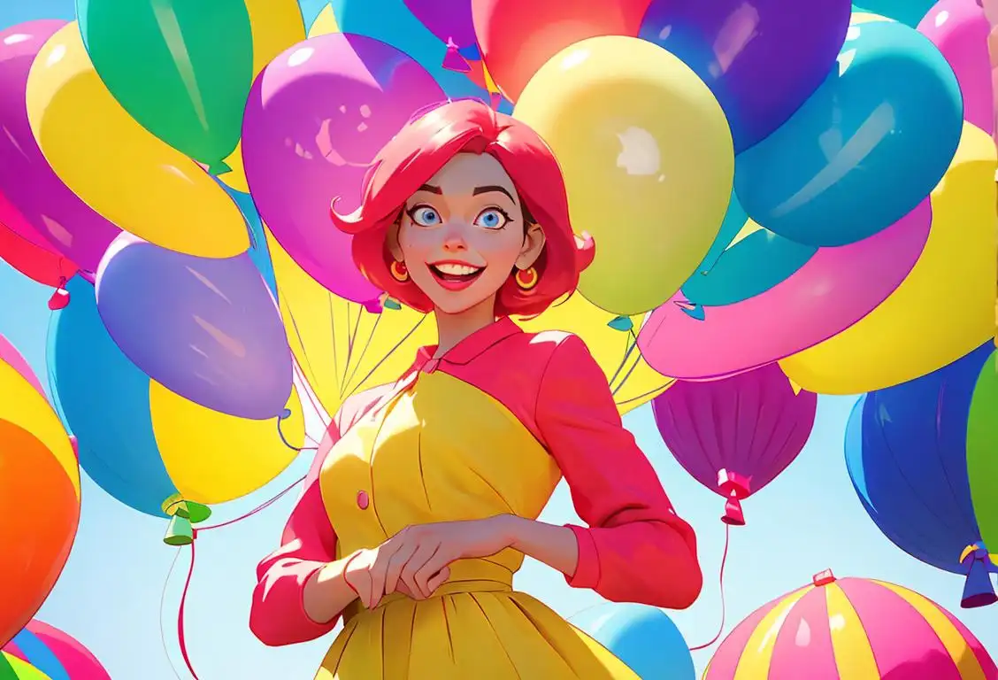 A cheerful person with a smile, wearing a colorful outfit, surrounded by colorful balloons in a vibrant, festive setting..