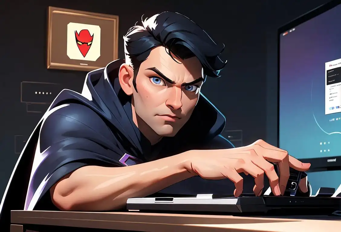 A person typing on a computer, wearing a superhero cape, with a background of encrypted code and an unbreakable safe..