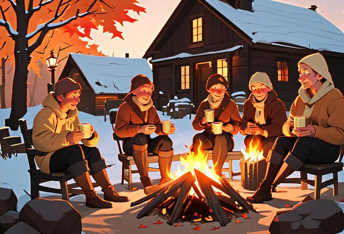 A group of people holding bock beer mugs, enjoying a cozy autumn atmosphere with rustic clothing and a bonfire in the background..