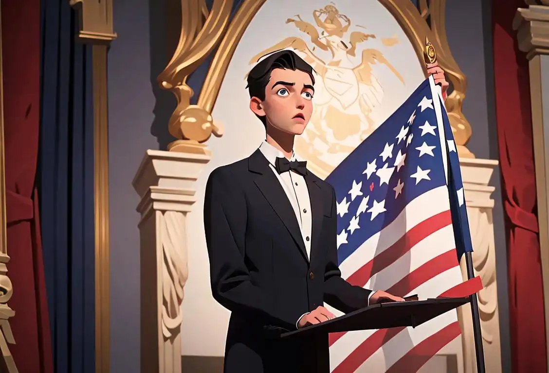 Young male adult standing confidently at a podium, wearing a sharp suit, classic American flag backdrop..