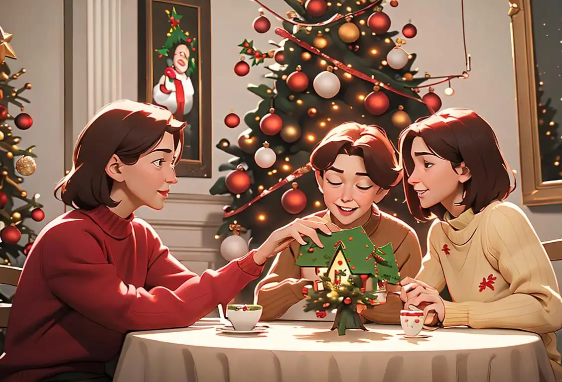 A heartwarming scene of friends and family gathered around a table, exchanging Christmas cards, wearing cozy holiday sweaters, with a festive Christmas tree in the background..