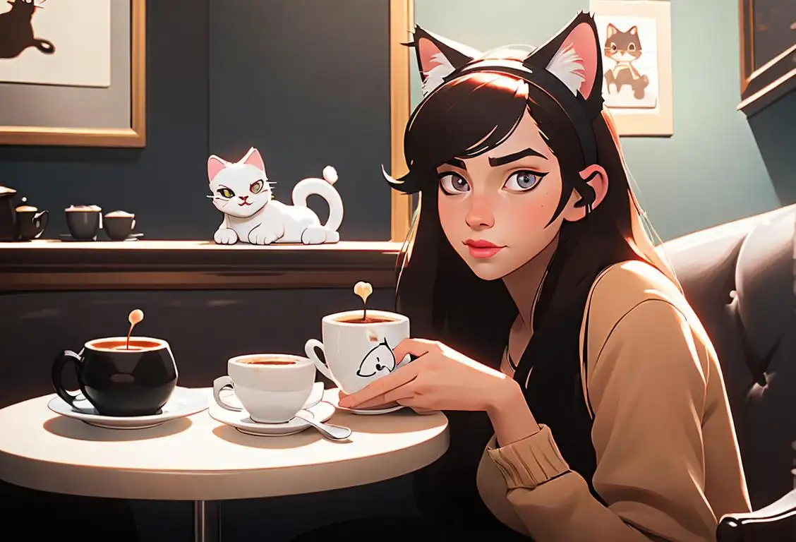Young woman wearing a cat ear headband, holding a cup of coffee, cozy cafe setting, surrounded by cat-themed decorations and artwork..