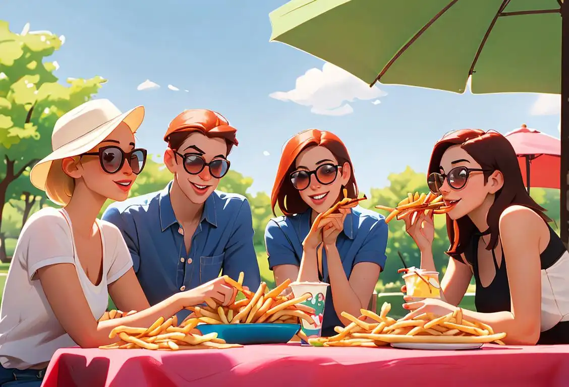 Group of friends enjoying a plate of french fries at a picnic in a sunny park, wearing casual summer outfits with sunglasses, creating a cheerful and relaxed atmosphere..