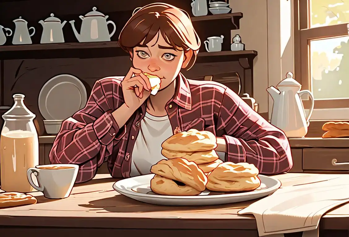 A person enjoying a buttermilk biscuit, wearing a cozy flannel shirt, sitting at a rustic farmhouse table in a sunny kitchen..