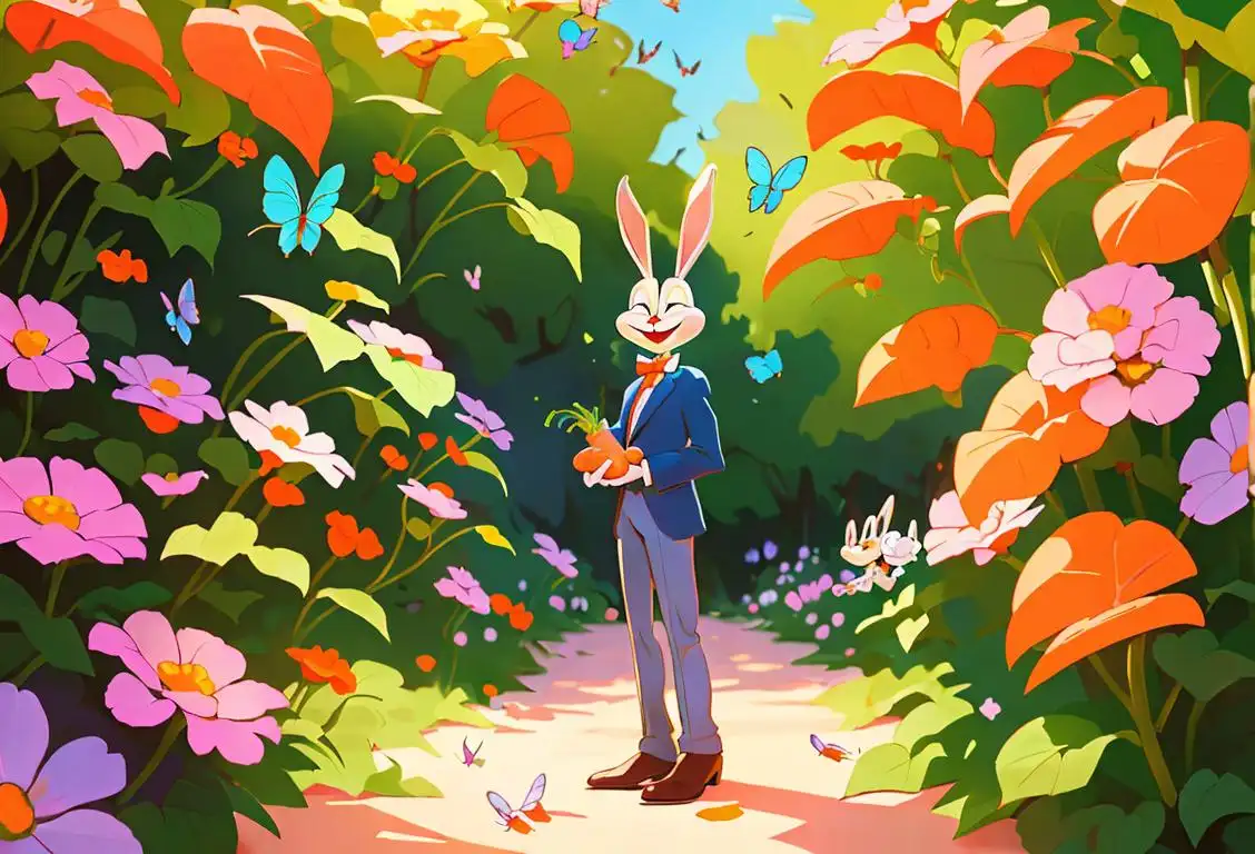 Young man dressed as Bugs Bunny, holding a carrot, standing in a whimsical garden setting with colorful flowers and butterflies..