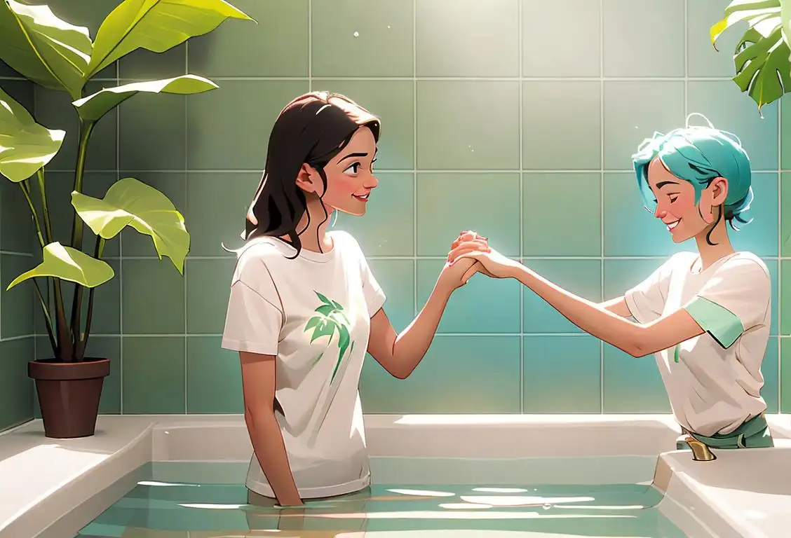 A couple standing under a showerhead, both wearing matching t-shirts with a water droplet design. They have big smiles on their faces and are holding hands. The bathroom is decorated with tropical plants, creating a relaxing and eco-friendly atmosphere..