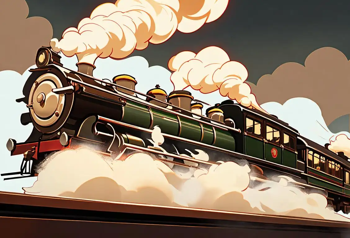 Illustration of a vintage steam train chugging through a picturesque countryside, with a chef cooking a delicious bowl of steaming soup nearby..