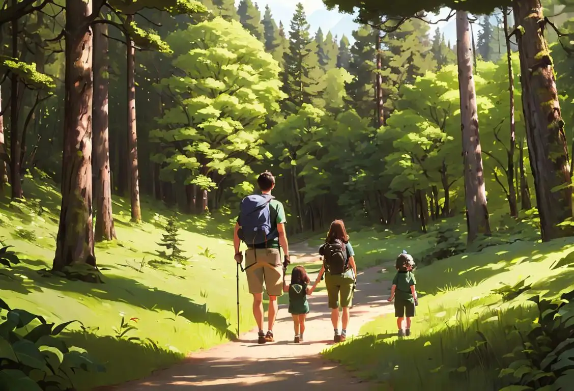 A family hiking through a lush forest, dressed in outdoor gear, surrounded by towering trees and wildlife..