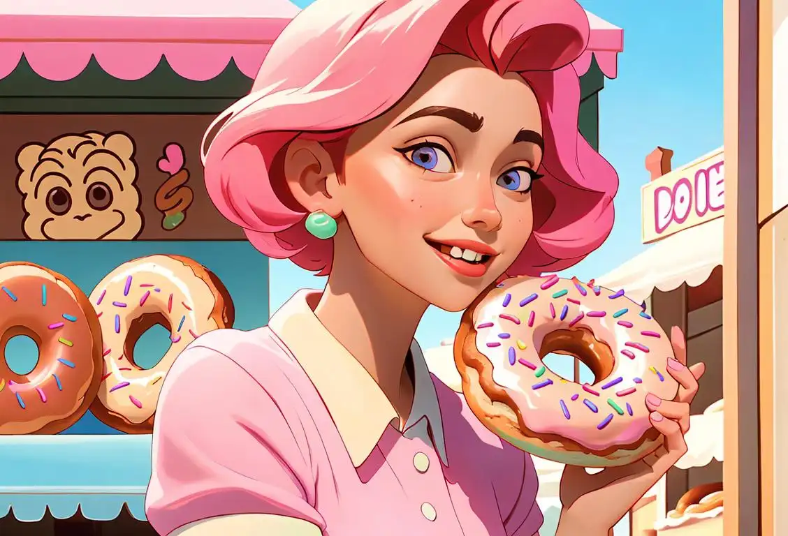A cheerful person takes a bite of a donut while wearing a colorful, retro-style outfit in a delightful bakery setting..
