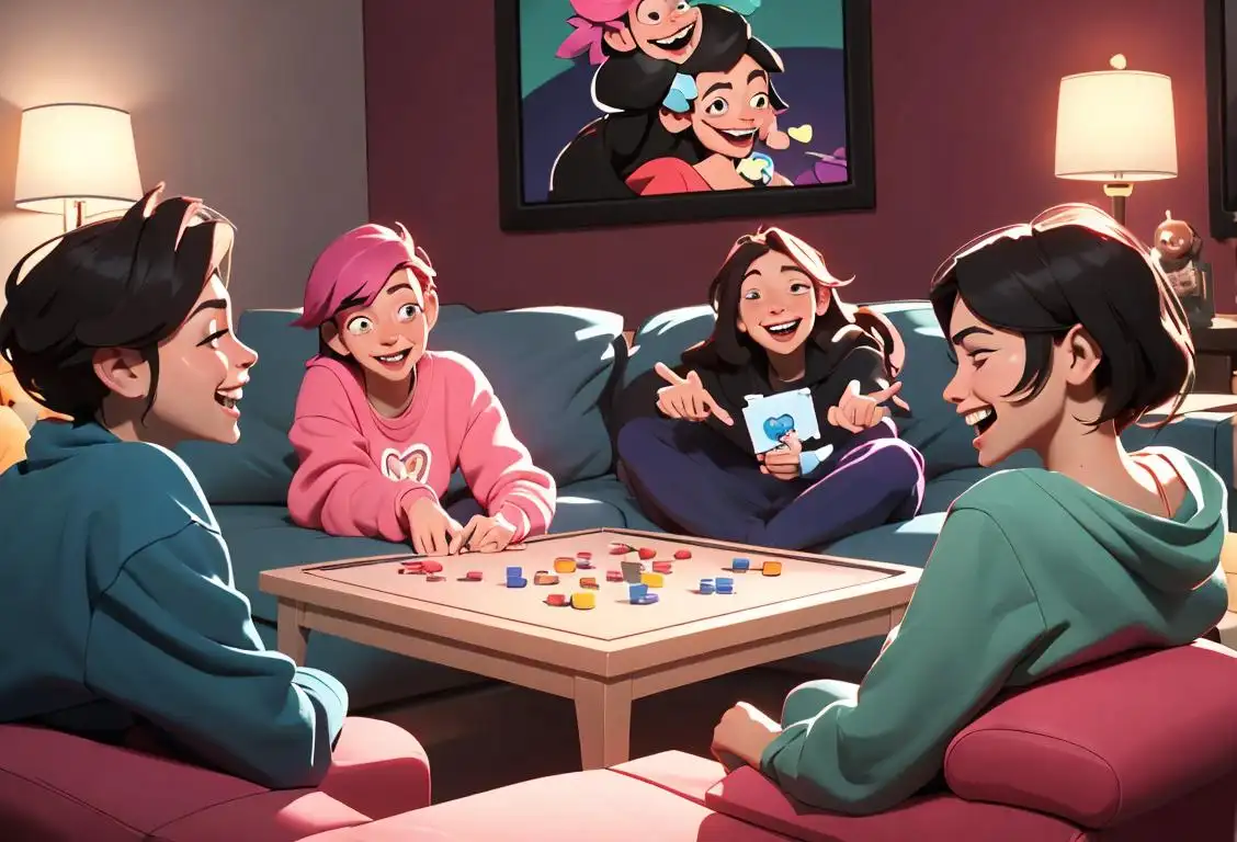 Vibrant group of friends laughing and enjoying a game night, wearing comfy clothes, cozy living room setting..