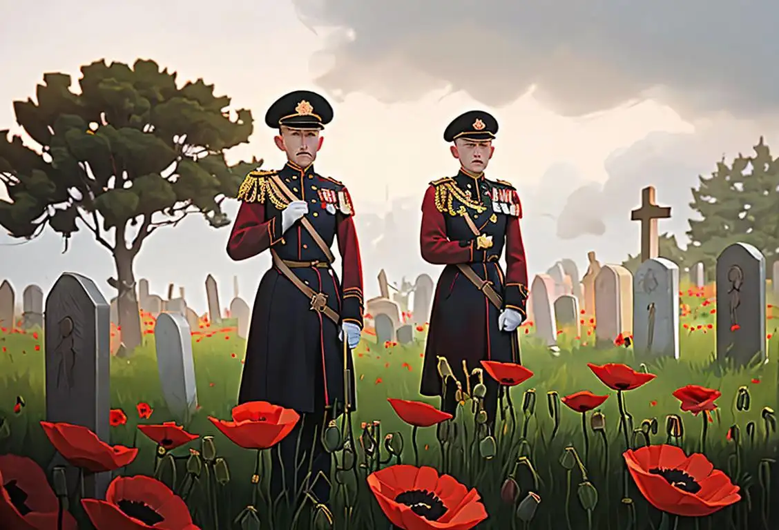 Group of people standing solemnly, wearing poppy flowers, old-fashioned military uniforms, misty graveyard setting..