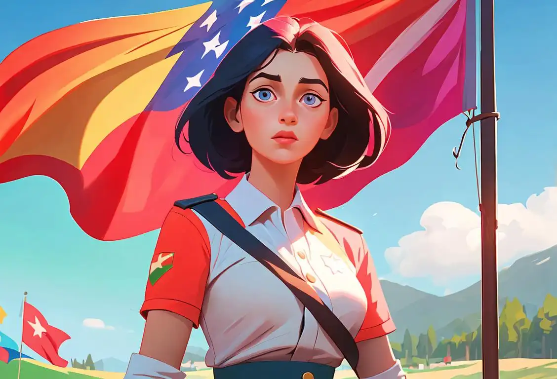 Young woman holding a national flag, with bright and colorful clothing, surrounded by a scenic background..