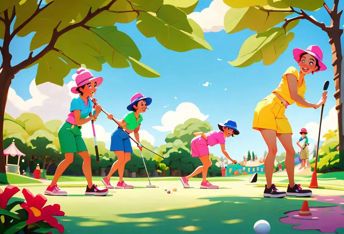 A group of friends joyfully playing mini golf in a colorful, whimsical outdoor setting, wearing vibrant summer outfits and stylish caps..