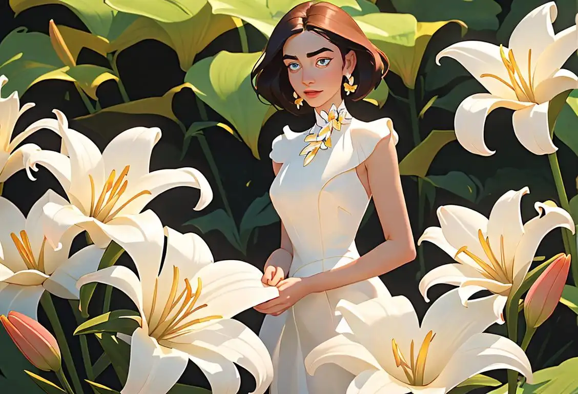 An elegant bouquet of lilies, standing tall and radiant. The lilies are delicately arranged in a vase, showcasing their vibrant colors and graceful petals. The scene reflects a serene, sunlit garden with a hint of artistic flair. The person nearby is wearing a flowing summer dress, with a wide-brimmed hat, exuding a sense of timeless beauty. The setting captures the essence of National Lily Day, celebrating the purity and grace of these captivating flowers..