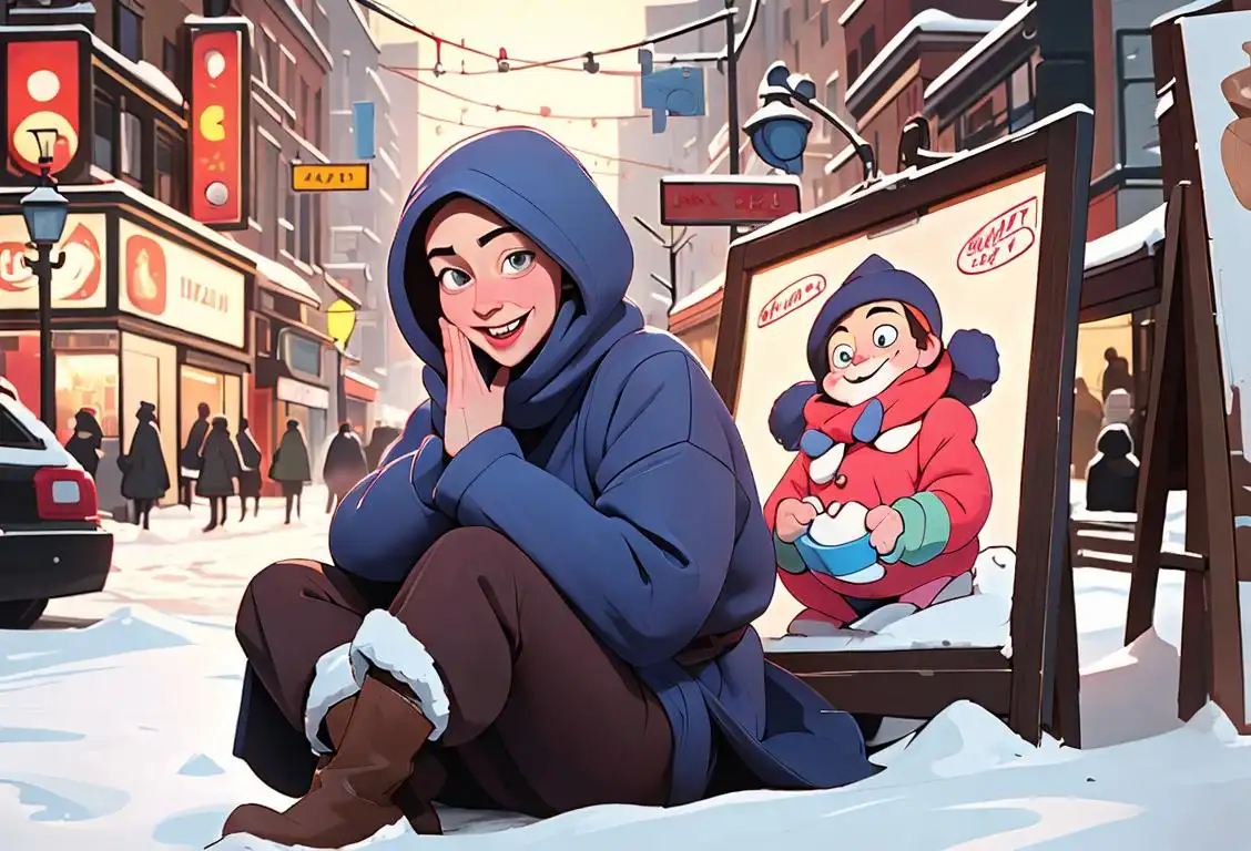 A cheerful person with a sign, wearing cozy winter clothes, in a busy city setting..
