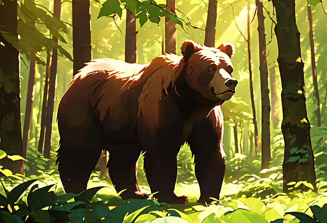 Brown bear standing tall in a lush forest, surrounded by trees and sparkling sunlight filtering through the leaves..