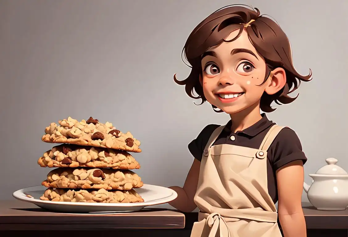 A smiling child holding a freshly baked oatmeal cookie with raisins, wearing an apron, surrounded by baking utensils and ingredients..