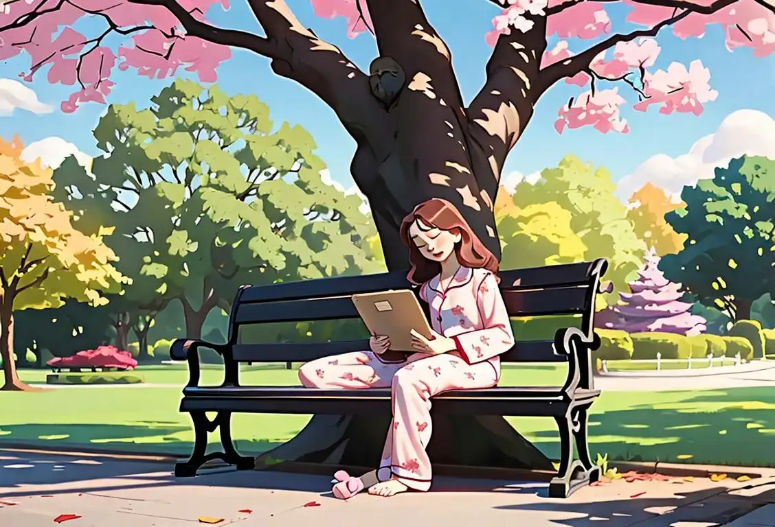 A person joyfully sleeping on a park bench under a shady tree, surrounded by fluffy clouds and wearing comfortable pajamas..