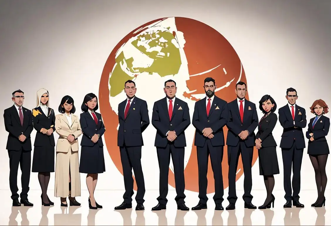 A group of diverse individuals, dressed in professional attire, standing in front of a global unity symbol..
