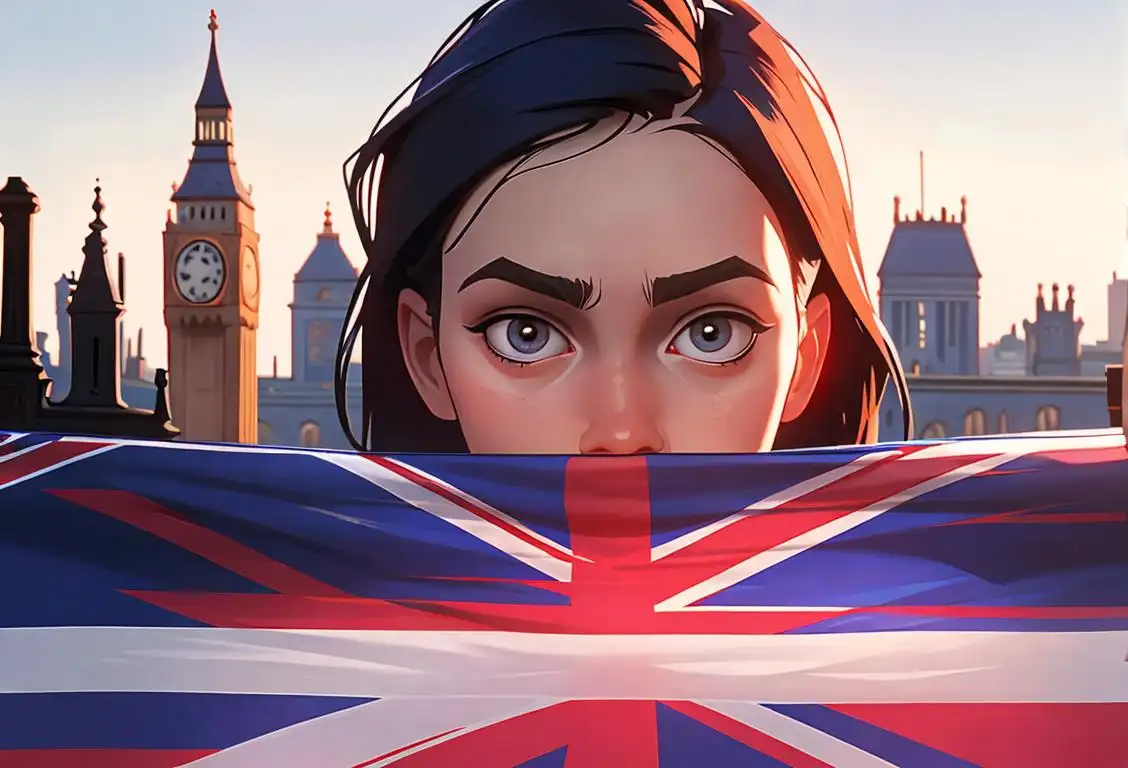 Young person passionately holding a union jack flag, wearing trendy clothes, London city skyline in the background..