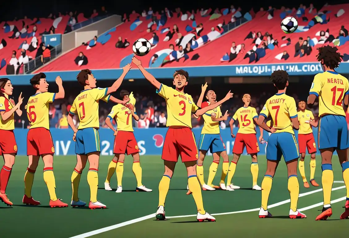 A group of diverse soccer players in their respective national team jerseys, wearing colorful cleats, celebrating after a match, surrounded by a cheering crowd..