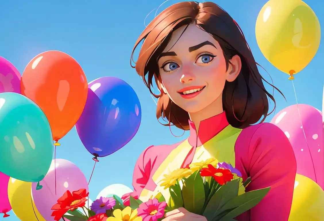 Cheerful young woman, dressed in vibrant colors, holding a bouquet of flowers, surrounded by flags and balloons, celebrating National on Same Day!.