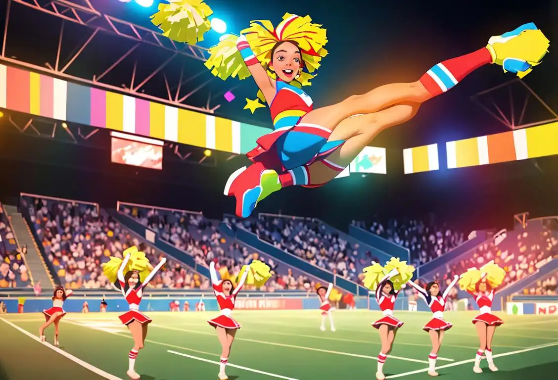 An energetic cheerleader performing a daring acrobatic jump, with a vibrant stadium background, featuring a cheerful crowd, bright lights, and colorful pom-poms. The cheerleader is wearing a spirited uniform, complete with high socks and sneakers. A fun and lively atmosphere fills the air, showcasing the dynamic energy of cheerleading. The scene captures the spirit of National Cheerleading Day, celebrating the passion, dedication, and thrilling performances of cheerleaders worldwide..