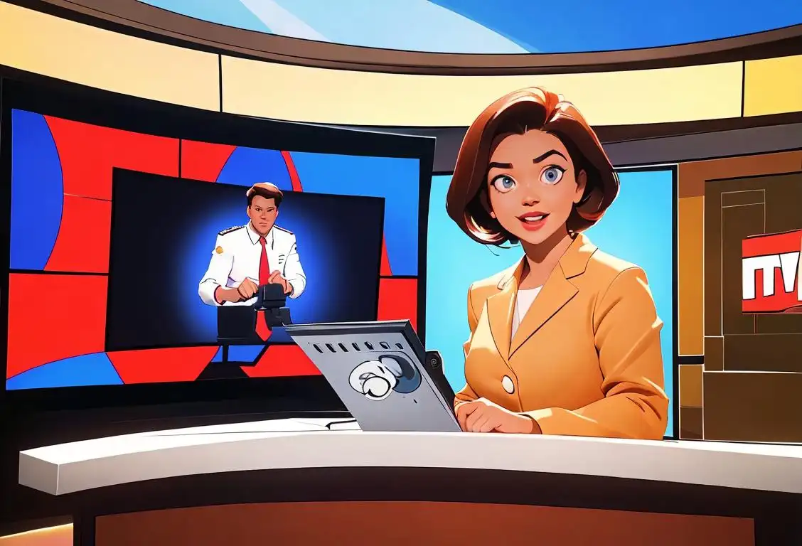 A cheerful news anchor in a professional suit, presenting exciting TV station history with a backdrop of diverse television scenes - news, sports, entertainment - reflecting the evolution of television..