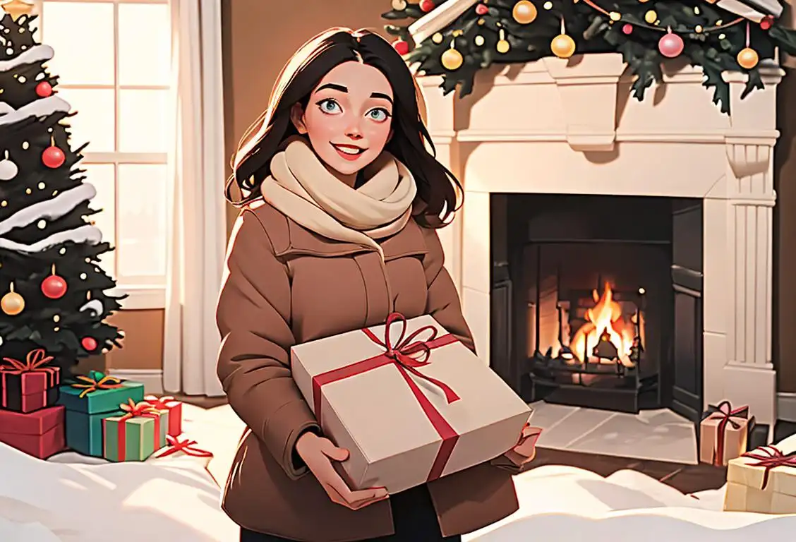 A happy, young woman standing in front of a pile of unwrapped gifts, with a shopping bag in hand, wearing cozy winter clothes, living room decor in the background..