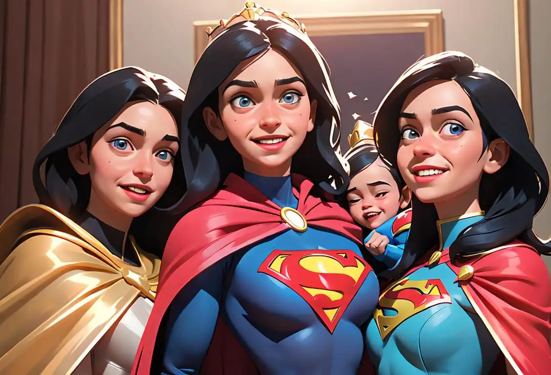 An eldest daughter with a beaming smile, wearing a cape and tiara, surrounded by a loving family and a neatly organized superhero headquarters..