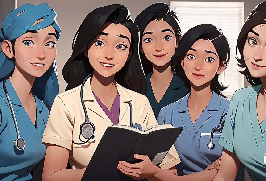 A group of cheerful student nurses in their scrubs, posing in a hospital setting with stethoscopes and nursing textbooks..