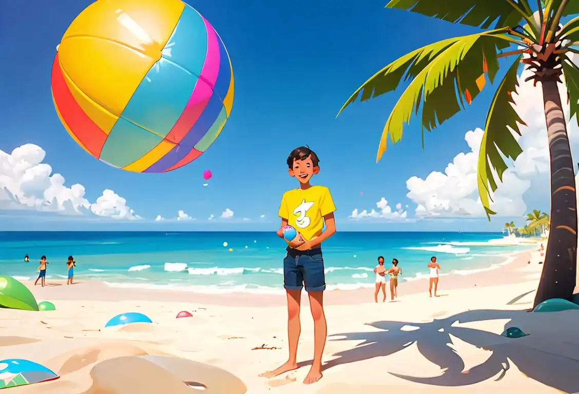A young professional wearing casual attire and holding a colorful beach ball, standing in front of a tropical beach scene. The person has a playful and carefree expression, symbolizing a 'me day' on National Call Out of Work Day. The scene can include palm trees, clear blue skies, and sandy shores, creating a serene and relaxing atmosphere. The style should be a blend of comfort and laid-back fashion, like a flowy summer dress or a relaxed button-up shirt paired with shorts. It's time to unwind and enjoy a well-deserved break!.