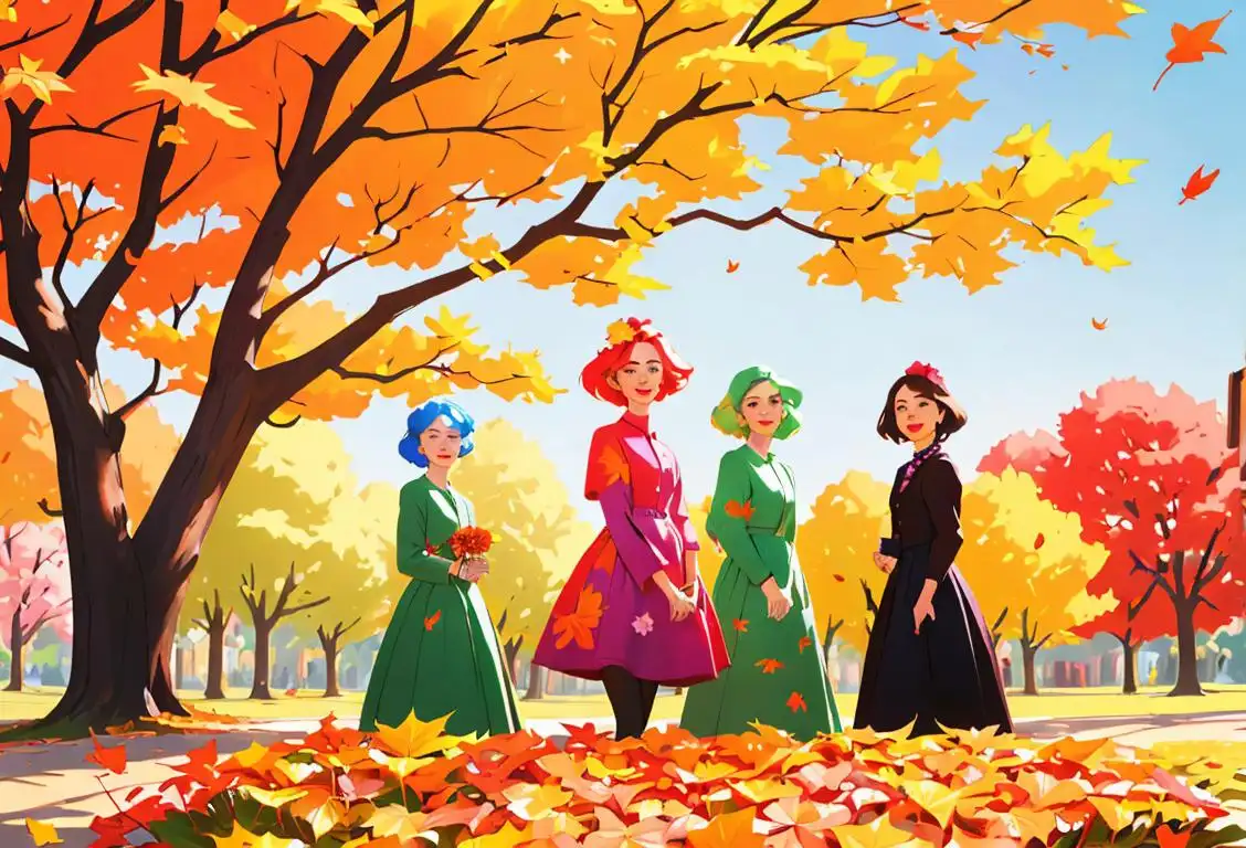 A group of diverse women named Sarah, each dressed in their own unique fashion style, celebrating National Sarah Day in a picturesque park setting, surrounded by colorful flowers and vibrant autumn leaves..