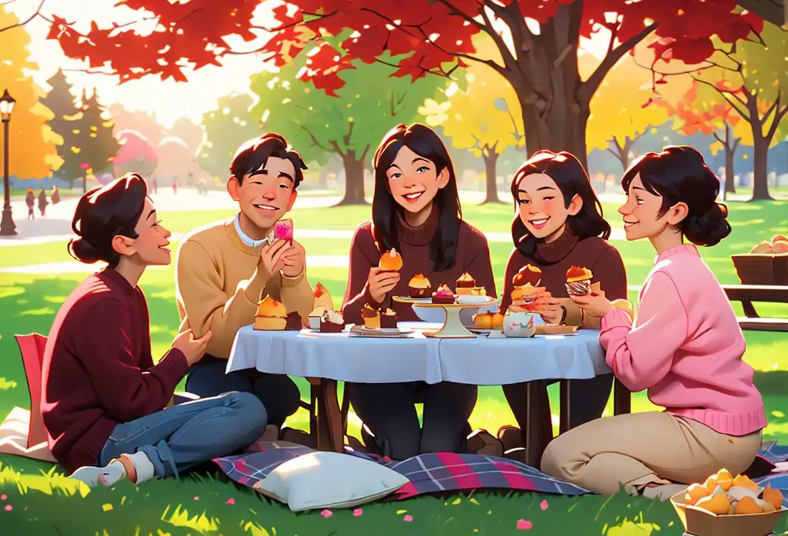 A table set with an assortment of muffins, both sweet and savory, surrounded by smiling people dressed in cozy sweaters enjoying a picnic in a park..